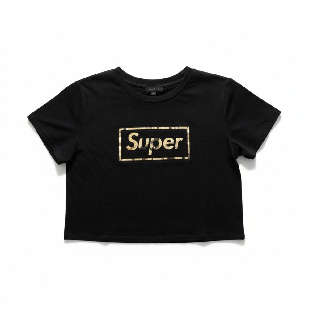 Black Graphic Crop Tee • “Super” Logo • Streetwear Vibes • Size L - Picture 4 of 11